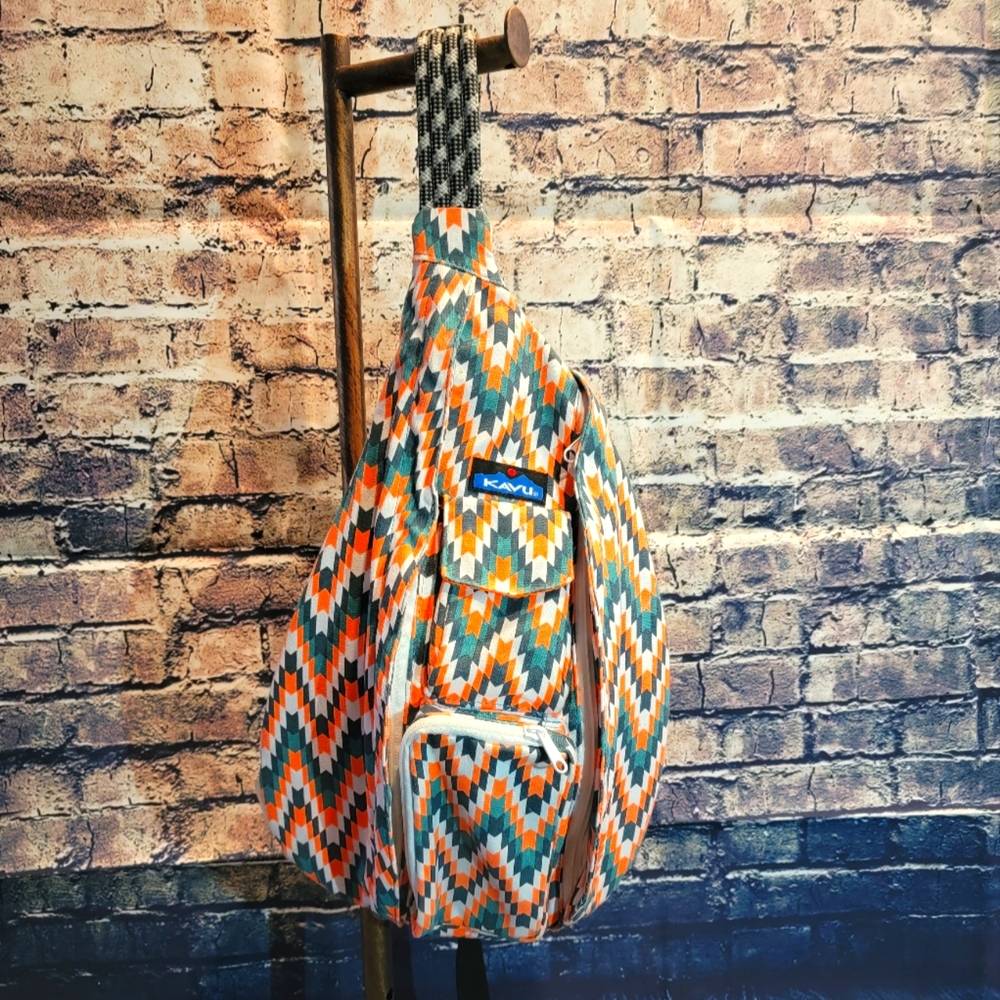 Kavu Chevron Sling Crossbody Bag in Orange, Teal, White